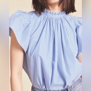 Trovata Small Carla‎ Highneck Shirt in Blue White Stripe Flutter Sleeve Preppy